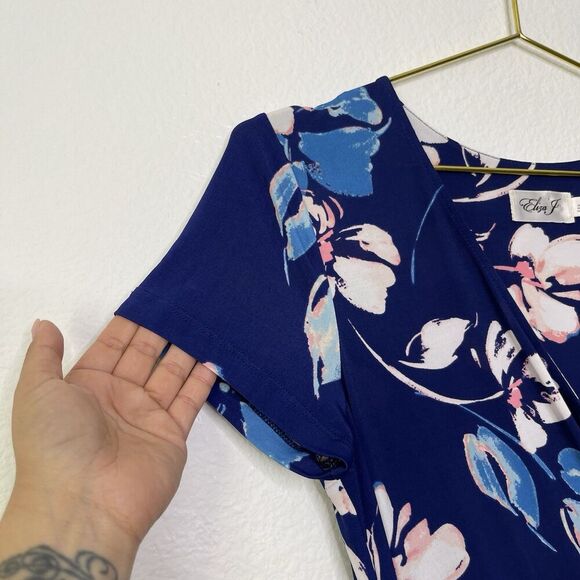 Eliza J Maxi Dress Sz 6 Faux Wrap Long Jersey Stretch Blue Floral Short Sleeve - Picture 6 of 15